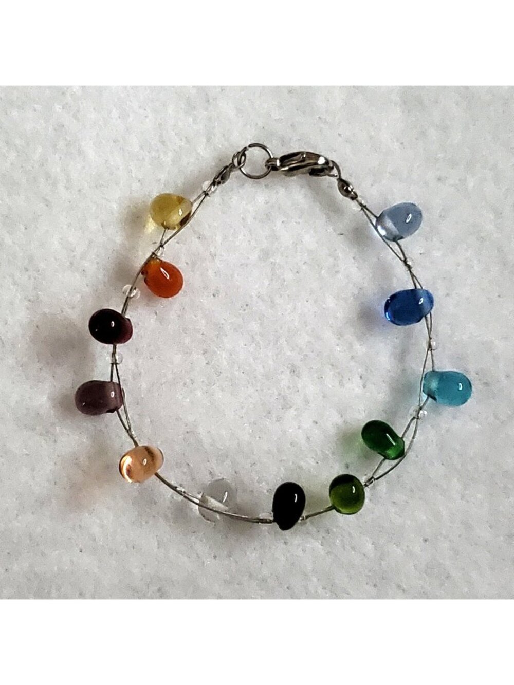 Beaded Bracelet Glass Teardrops Silver Tone Wire Multicolor Rainbow 7"